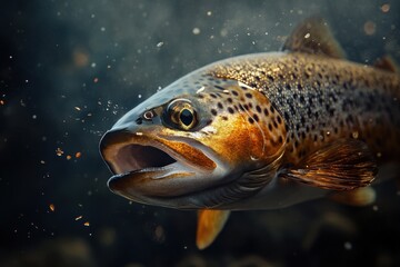 A close-up of a brown trout swimming gracefully underwater, showcasing its vibrant colors and unique patterns.