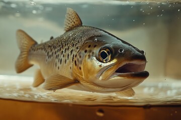 Fototapeta premium Close-up of a brown trout swimming gracefully in clear water, showcasing its vibrant colors and intricate patterns.