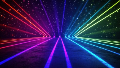Abstract Laser Show At Night: Vibrant Neon Light Rendering In The Dark With Ultraviolet Spectrum Beam For Mock Up And Web Design.
