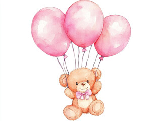 A teddy bear is holding a bunch of pink balloons. Watercolor style. 