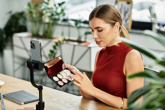 Young woman streams live, sharing her favorite beauty products while engaging with viewers.