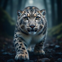 Obraz premium Un majestuoso leopardo de las nieves caminando con determinación por un sendero en el bosque, resaltando su belleza y fuerza en su hábitat natural 