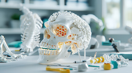 detailed anatomical skull model surrounded by articulation tools, showcasing intricate design and educational purpose