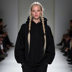 Refleja la esencia del streetwear con una mujer que irradia estilo y frescura en pasarela
