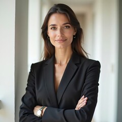 Proyecta profesionalismo y sofisticación con una mujer segura en un elegante traje oscuro
