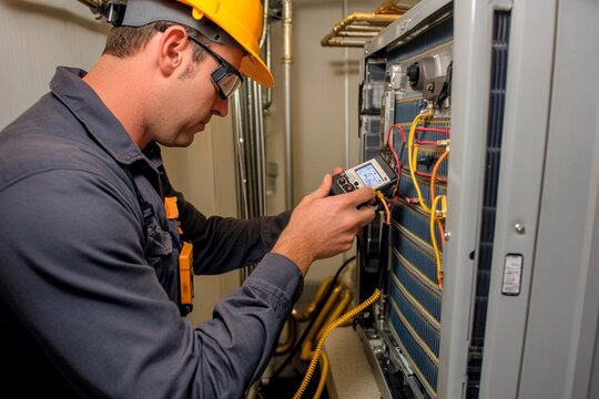 Skilled technician working diligently on HVAC system during daytime maintenance task