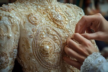 Close-up view of a luxurious, hand-embroidered gown adorned with pearls and gold detailing