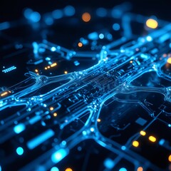 Una representación futurista de un tablero de circuitos iluminado con luces azules y naranjas, que resalta la intrincada y avanzada tecnología electrónica 