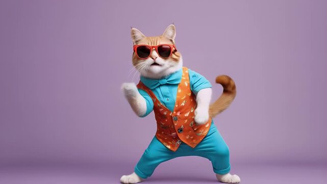 Cat in stylish outfit and sunglasses dances with personality in playful setting