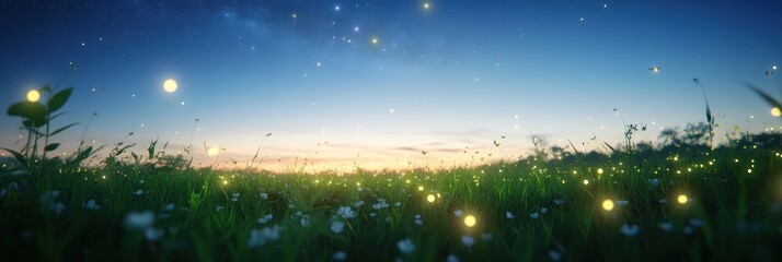 Fototapeta premium Firefly Lights Illuminate Twilight Meadow