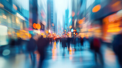 Obraz premium Vibrant urban scene with blurred crowds and city lights at dusk