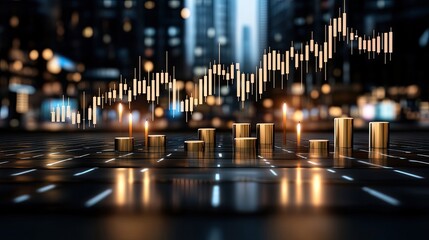 A captivating representation of financial growth, highlighting a stock market graph over a shimmering city backdrop at night