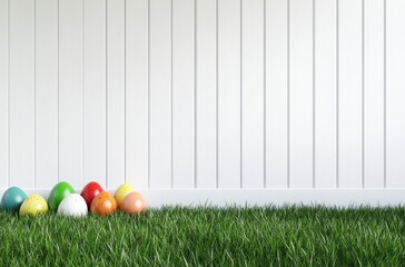 Colorful Easter eggs arranged on green grass in front of a white wooden wall, creating a cheerful and festive spring atmosphere for seasonal celebrations and decor