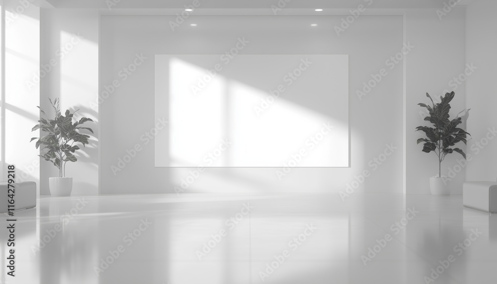 Poster large white wall dividing office lobby with two conference rooms on either side. visual representati