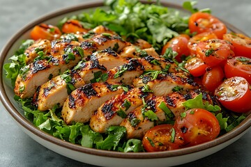 A close-up view of a plate filled with a delectable salad featuring grilled chicken breast, fresh lettuce, and cherry tomatoes, creating a healthy and flavorful meal.