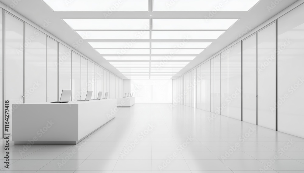Poster office corridor with reception desk, laptops, and long row of doors: a glimpse into modern office en