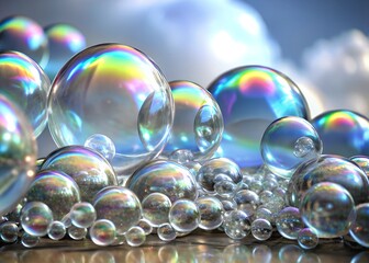 Enchanting Iridescent Bubbles and Foam on Serene Light Blue Surface – A Playful and Dreamy Composition.