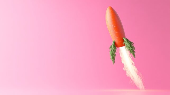 A vibrant carrot, complete with leafy greens, takes off against a soft pink background, creating a sense of motion and excitement in a playful manner
