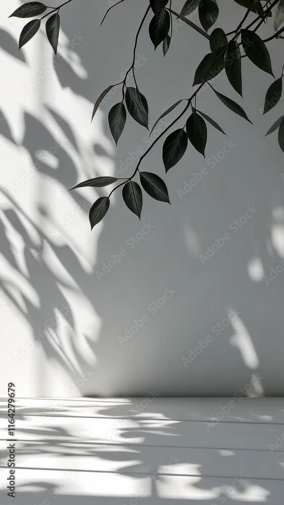 Poster large windows letting in sunlight to illuminate an empty white room with a tree outside, casting bea