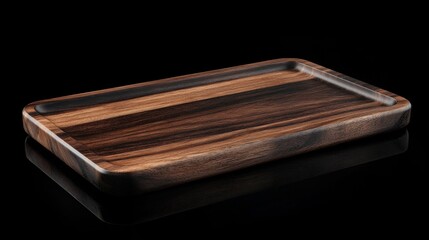 A beautifully crafted wooden tray showcases a smooth, polished surface with distinct grain patterns. The tray rests against a black background, offering ample copy space