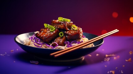Tender barbecue pork is presented on purple noodles, topped with green scallions, in a colorful backdrop that enhances the dish's appeal and makes it visually stunning