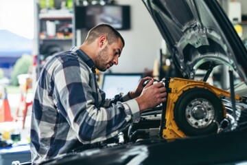Man working on car in home garage