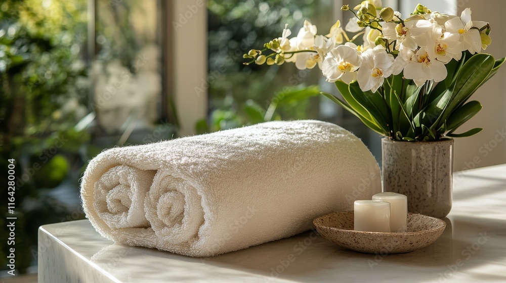 Poster soft towels neatly arranged on a marble surface in a serene spa environment with an orchid accent
