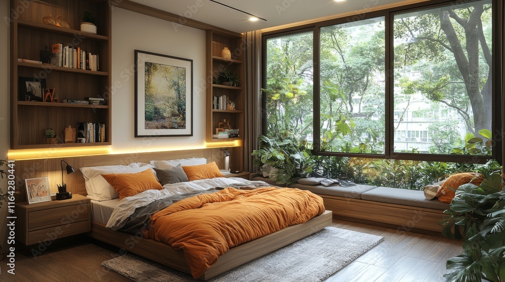 Aufkleber this inviting bedroom features a low bed dressed in warm orange and gray linens, surrounded by lush 