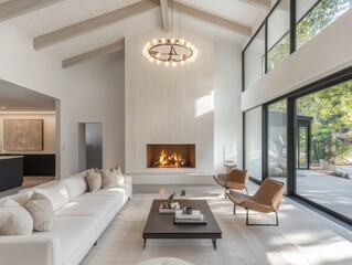 Fototapeta premium Modern Living Room With Fireplace And Large Windows