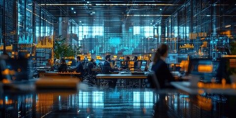 Modern office workspace with diverse professionals collaborating in a high-tech environment.