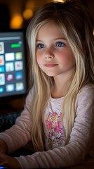 Little Girl's Curiosity: A captivating portrait of a young girl, with her long blonde hair cascading down her back, sits engrossed in a computer screen.