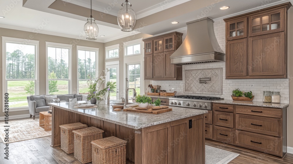 Poster this kitchen features a spacious layout with large windows allowing natural light, a central island 