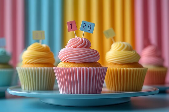 Colorful pastel cupcakes with number flags celebrating a 120th birthday or anniversary.