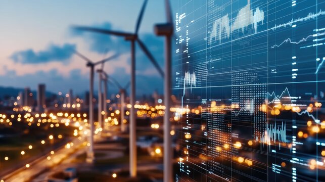 Visual representation of a candlestick chart with wind turbines in the background, illustrating the rising importance of green energy in the market - Powered by Adobe