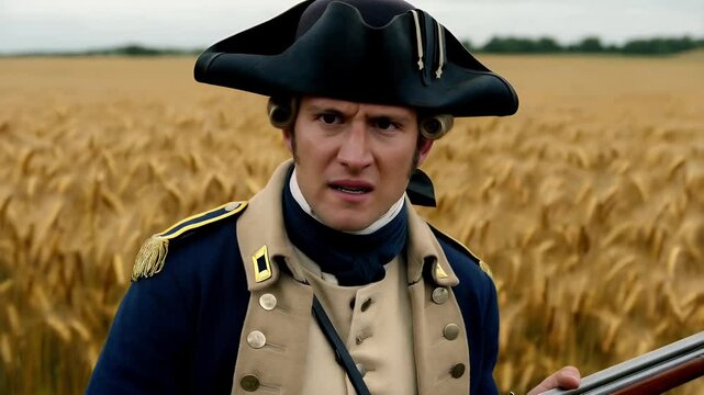 Soldier in historic uniform expresses intense emotion in open wheat field during the day colonial revolutionary war 
