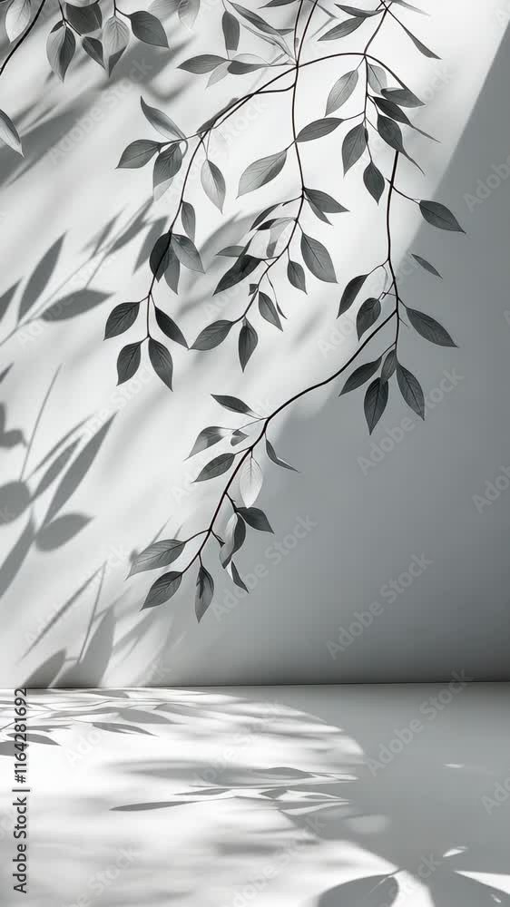 Poster large windows letting in sunlight to illuminate an empty white room with a tree outside, casting bea