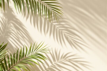 Tropical palm shadows on beige background with soft sunlight for modern clean design template or copyspace concepts.