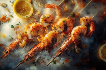 Grilled shrimp skewers with fresh lemon and herbs, capturing the essence of summer dining.