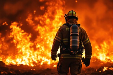 Firefighter standing before intense raging flames in protective gear, symbolizing bravery and rescue.