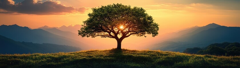 Obraz premium A majestic tree stands alone on a hill, silhouetted against a vibrant sunset, surrounded by rolling mountains and lush greenery.