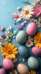 Obraz premium Colorful Easter eggs and flowers arranged on a light blue surface for spring celebrations