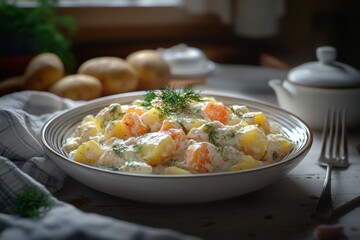 A delicious vibrant salad featuring potatoes, carrots, and fresh herbs in a creamy dressing.
