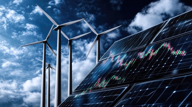Visual representation of a candlestick chart with wind turbines in the background, illustrating the rising importance of green energy in the market