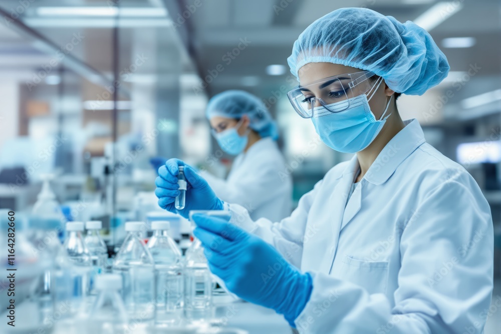 Poster scientists in laboratory conducting experiments with test tubes and equipment on a blurred backgroun