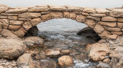 Ancient stone bridge spanning a flowing river, weathered yet strong, patience, endurance, grace