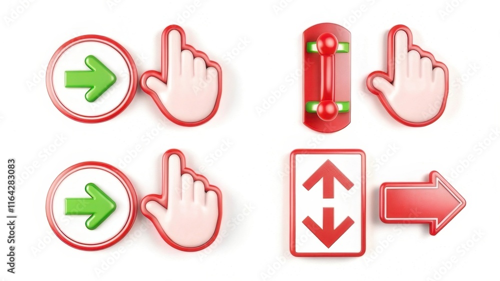 Poster the image features directional icons, including arrows and hands, indicating movement and selection 