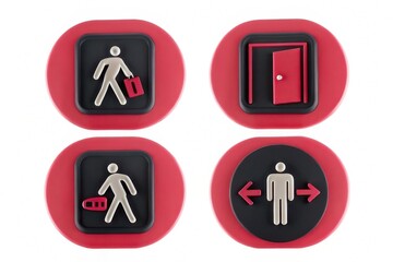 A set of directional icons depicting a person with luggage, an open door, a person carrying a box, and an indication to move left or right.