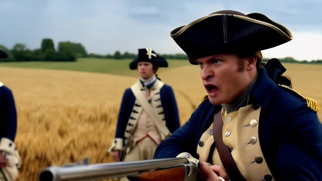 Hunter in a golden wheat field during colonial times with a musket