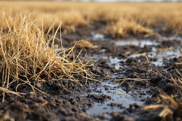 Close-up of dry yellow grass and wet muddy soil in a field under daylight.