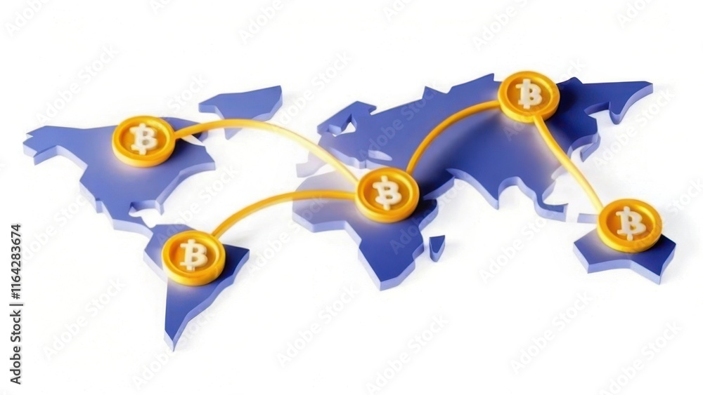 Poster a stylized map showing global connections with bitcoin symbols, representing cryptocurrency and inte